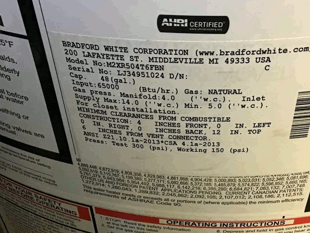 Bradford White Water heater Age Sample data plate 1