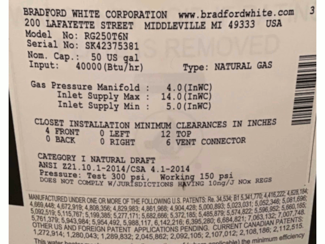 Bradford White Water heater Age Sample data plate 3