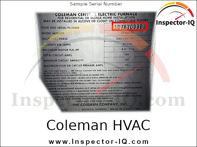 Coleman HVAC Age Format 3 Sample 1