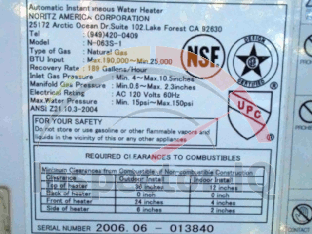 Noritz Tankless water heater data plate
