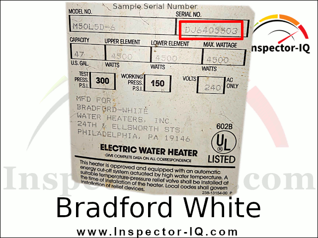 Bradford White Water Heater age data plate 4