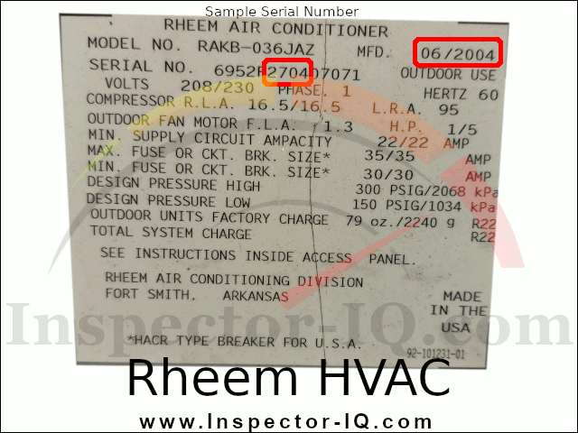 Rheem HVAC Age by Serial number Format 4 Sample 3
