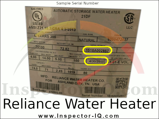 Reliance water heter age by serial number format 3
