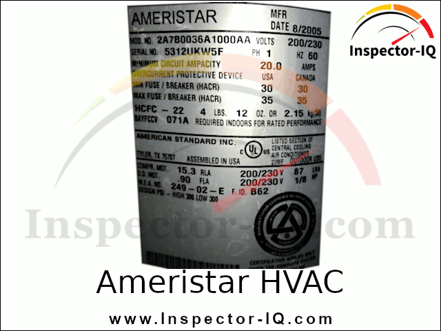 Ameristar HVAC Sample Data Plate 2