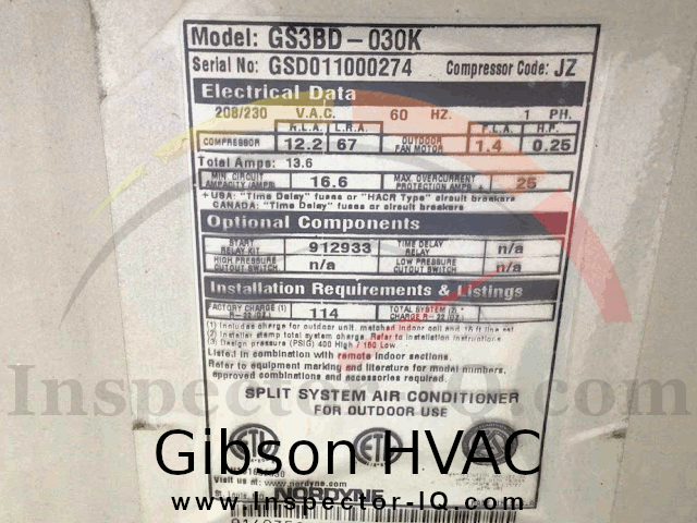 Gibson HVAC AGE Data Plate 1