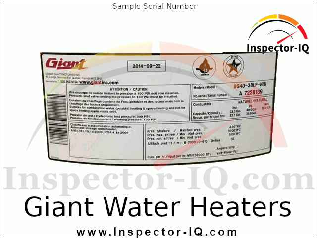 Giant Water Heater Age by Serial Number Sample Data Plate 2