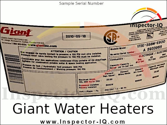 Giant Water Heater Age by Serial Number Sample Data Plate