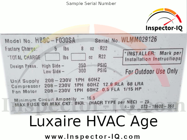 Luxaire HVAC Age Sample Data Plate