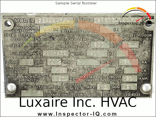 Luxaire HVAC Age by Serial Number Format 1 Sample 2