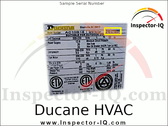 Ducane HVAC Sample Data Plate Format 1