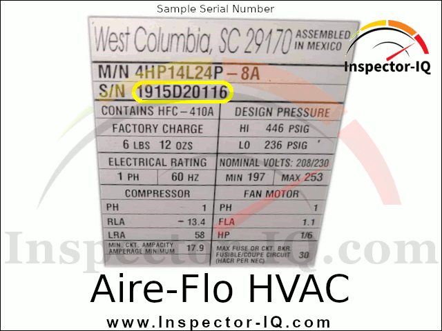 Aire-Flo HVAC Age Sample Data Plate Format 1