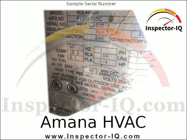 Amana HVAC Age by Serial Number Data Plate Format 1