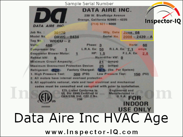 Data Aire Inc. HVAC Age Format #1 Sample #1